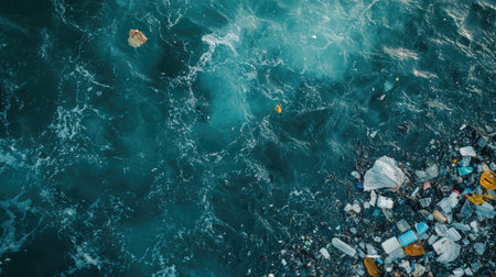 Overhead view of polluted ocean waters, with plastic and trash floating, emphasizing the urgent need for addressing water pollution.の素材