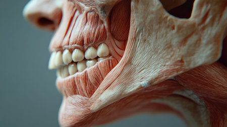 Anatomical close-up focusing on the human jawline, teeth, and cheek muscles, offering a detailed study of lower facial structure.の素材
