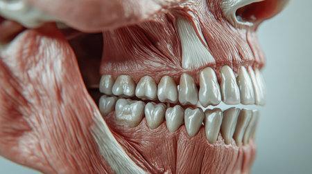 Close-up view of human teeth and cheek muscles, captured with precision to reveal the intricacies of the lower facial anatomy.の素材