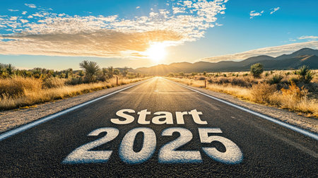 Bright sun and sky over a road with "Start 2025" written in the middle, symbolizing the beginning of a new chapter in the new year.の素材