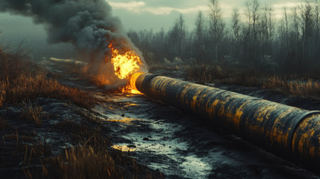 Broken gas pipeline releasing harmful gases into the environment, symbolizing the catastrophic impact of industrial failures on nature.の素材