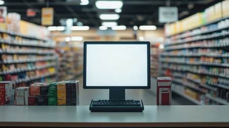 Empty screen at a supermarket checkout, with the store's aisles softly blurred in the background, perfect for point-of-sale themes.の素材