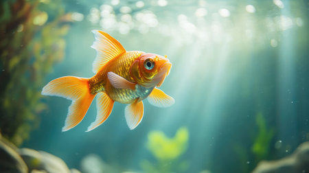 Golden ornamental fish gracefully swimming at the bottom of a clear aquarium, showcasing their beauty and elegance in the water.の素材