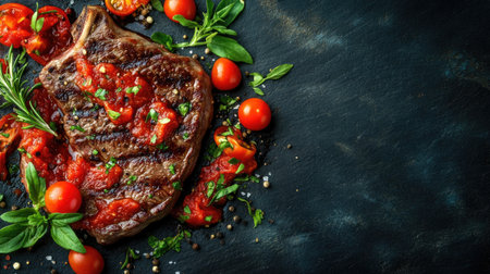 Grilled steak with vibrant tomato sauce and garnishes of herbs, spices on a dark background, ideal for gourmet food photography.の素材