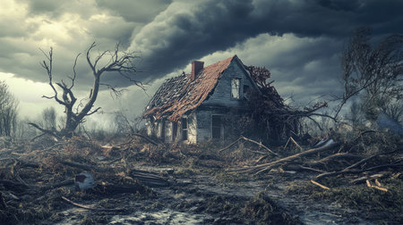 The ruins of a house after a tornado, with fallen trees and debris, illustrating the power of nature fury.の素材