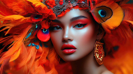 Stylish model with vivid makeup and an intricate headdress, representing bold fashion statements and unique personal style.の素材
