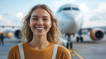 Woman standing happily in front of a plane at the airport, with a bright smile that reflects her anticipation for the journey ahead.の素材