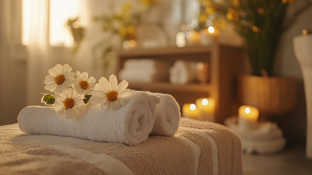 Cozy spa table with neatly folded towels, aromatic candles, and delicate flowers, ready for a soothing massage.の素材
