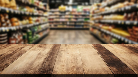 Wooden table in sharp focus with the soft blur of a grocery store aisle in the background, perfect for food or product presentations.の素材
