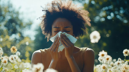 Allergy symptoms shown as a woman sneezes into a tissue, representing the common struggle with allergic rhinitis.の素材
