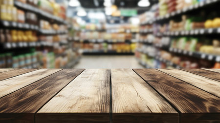Wooden table in sharp focus with the soft blur of a grocery store aisle in the background, perfect for food or product presentations.の素材
