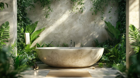 A serene stone bathtub with lush green plants, blending nature and luxury in a calming bathroom space.の素材