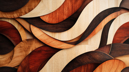 Abstract wooden marquetry wallpaper with intricate patterns, showcasing a blend of natural wood textures and artistic designの素材