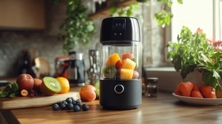 A sleek portable blender with an array of fresh fruits on the counter, perfect for quick and nutritious smoothie preparations.の素材