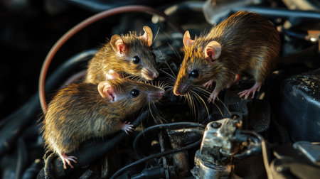 Close-up of rats gnawing on car engine wiring, illustrating the potential damage and hazards they cause.の素材