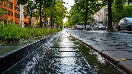 City street with a drainage channel guiding flowing water, capturing the practical design of urban water management.の素材
