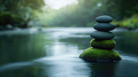Calm river with moss-covered rocks stacked in balance, creating a peaceful and spa-like image for a wellness banner.の素材