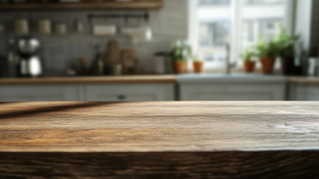 Wooden table in focus with a blurred kitchen in the background, perfect for product presentation or food photography.の素材
