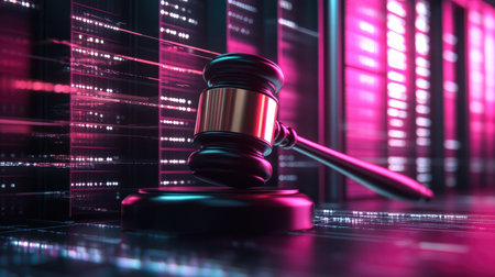 Digital gavel over a data center, illustrating the concept of judicial authority in the context of digital and cyber law.の素材