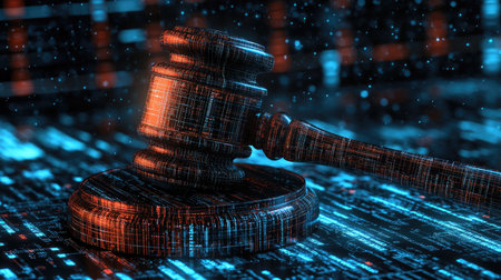 Digital judge's gavel against a backdrop of a data center, symbolizing the intersection of law and technology in the digital age.の素材
