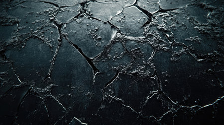 Eerie scene of dark, cracked ice, capturing the chilling and mysterious atmosphere of a frozen surfaceの素材