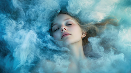 Dreaming woman surrounded by a gentle aura, symbolizing the connection between restful sleep, mindfulness, and spiritualityの素材