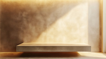 Elegant empty podium in a rustic style, positioned against a beige wall with subtle abstract lighting, ready for product display.の素材