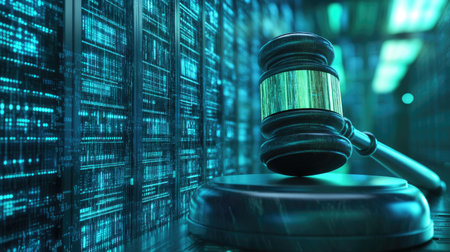 Digital gavel over a data center, illustrating the concept of judicial authority in the context of digital and cyber law.の素材