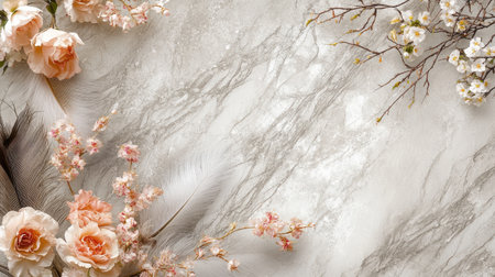 Marble background adorned with feathers and flowers, combining natural beauty with artistic design for wall panelsの素材