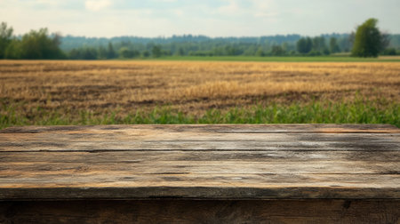 Rustic table top with a farm field out of focus in the background, evoking the simplicity of country living.の素材