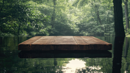 Rustic wooden table floating on water, framed by a verdant forest background, creating a natural and serene display.の素材