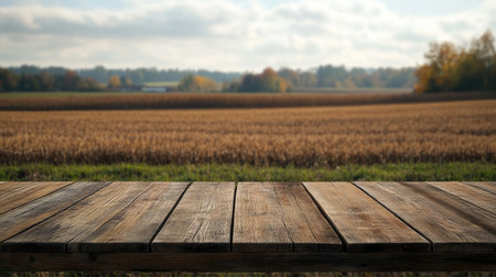 Rustic wooden table in the foreground with a softly blurred farm field stretching out in the background, perfect for product displayの素材
