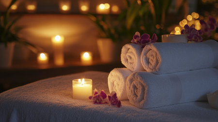 Spa setup with soft towels, candles, and fresh flowers on a table, creating a relaxing atmosphere for massage treatments.の素材