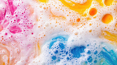 A close-up, top-down view of colorful soap foam and bubbles, forming a lively and abstract background with vibrant hues.の素材
