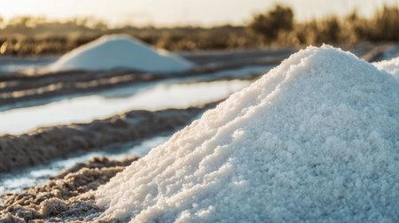 A close-up of a salt pile in a salt field, representing the natural and essential process of salt production in coastal regions.の素材