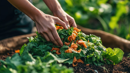Detailed view of hands adding vegetable waste to a compost heap, focusing on sustainable gardening and organic waste recycling.の素材