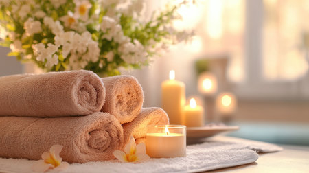 Spa setup with soft towels, candles, and fresh flowers on a table, creating a relaxing atmosphere for massage treatments.の素材