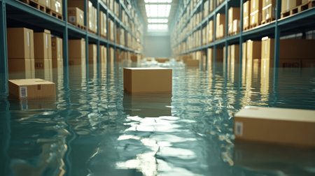 Warehouse floor covered in water with cardboard boxes floating, representing flood disaster and property damage.の素材