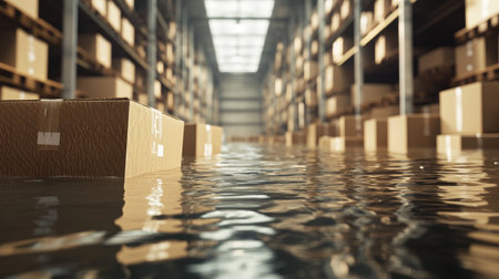 Warehouse floor covered in water with cardboard boxes floating, representing flood disaster and property damage.の素材