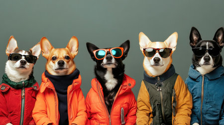 A group of dogs wearing winter jackets and cool sunglasses, posing confidently against a plain color background.の素材