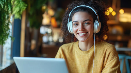 Smiling woman with headphones working on a laptop in a cafe, capturing the casual and productive atmosphere of remote work.の素材