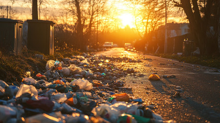 A road littered with garbage under the golden light of sunset, illustrating the environmental impact of urban waste.の素材