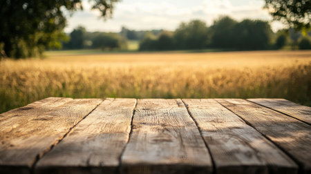 Wooden table in a rustic setting, with a blurred farm field behind it, emphasizing nature and simplicity.の素材