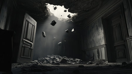A dark, mysterious room with a jagged hole in the ceiling, as rocks tumble through, creating an eerie, suspenseful atmosphere.の素材