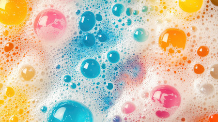 Top view of vibrant soap foam with multicolored bubbles, creating a playful and dynamic background filled with color and texture.の素材
