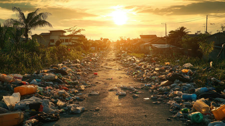 A road littered with garbage under the golden light of sunset, illustrating the environmental impact of urban waste.の素材