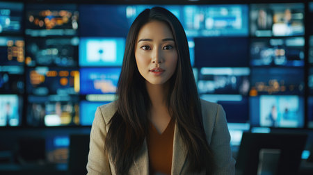 In a bustling TV studio, an Asian woman news anchor delivers breaking news, backed by a wall of broadcast control room screens.の素材
