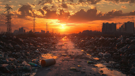 Sunset over a city road filled with garbage, highlighting the pressing issue of pollution and environmental neglect.の素材