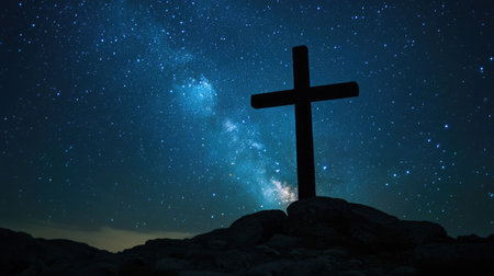 A cross silhouetted against the night sky, with stars twinkling in the background, symbolizing hope and faith in the darkness.の素材