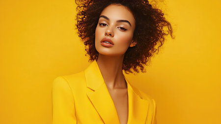 A fashion model in a stylish yellow suit, perfectly matched with a yellow background, emphasizing bold color trends.の素材